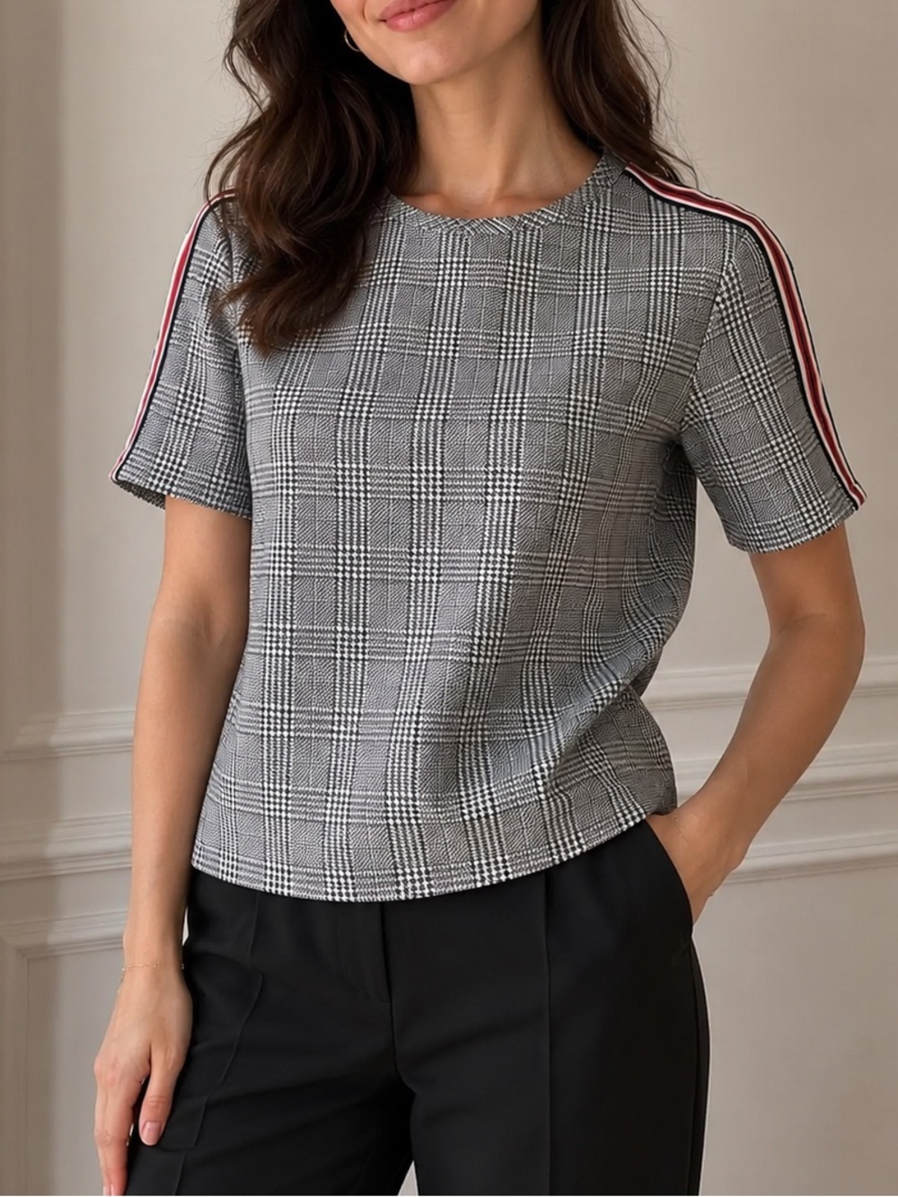 Banana Republic Black and White Plaid Knit Top